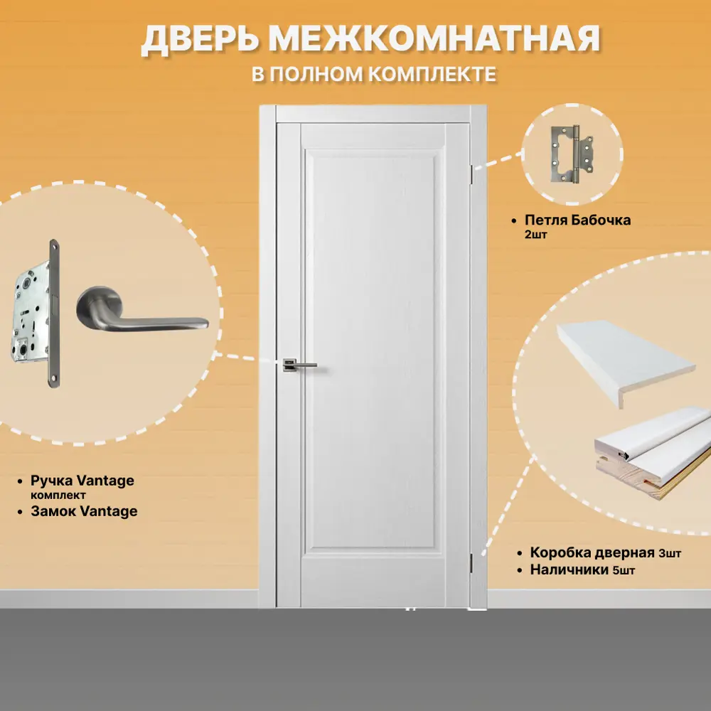 Фото 2 Комплект межкомнатной двери Двери регионов Нова 1 Проходная глухая 200x60см ПВХ цвет ясень белый с коробом и наличниками фурнитура Никель Vantage 34 D Фото 2 Комплект межкомнатной двери Двери регионов Нова 1 Проходная глухая 200x60см ПВХ цвет ясень белый с коробом и наличниками фурнитура Никель Vantage 34 D