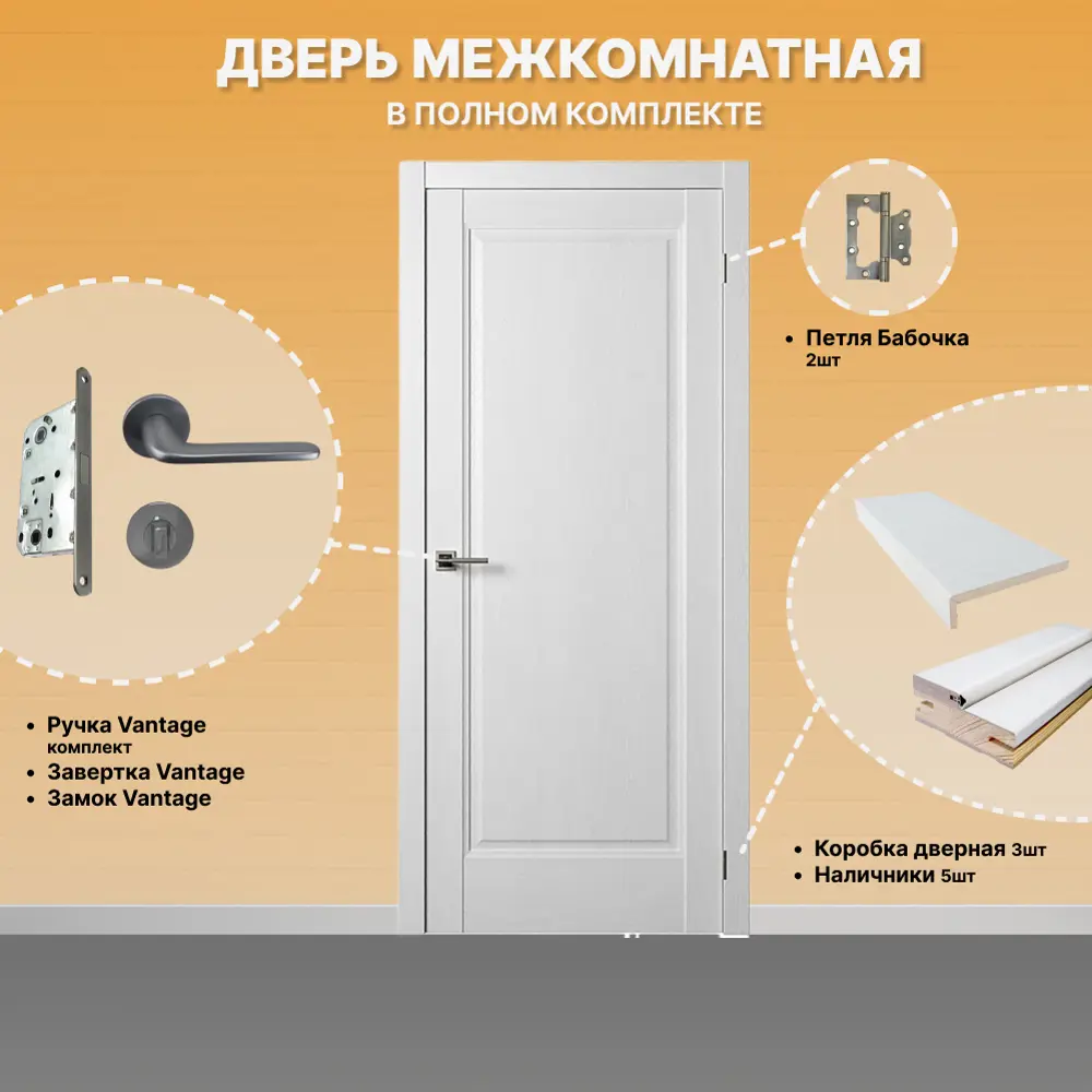 Фото 2 Комплект межкомнатной двери Двери регионов Нова 1 Сантехническая глухая 200x60см ПВХ цвет ясень белый с коробом и наличниками фурнитура Матовый Хром Vantage 34 L-2 Фото 2 Комплект межкомнатной двери Двери регионов Нова 1 Сантехническая глухая 200x60см ПВХ цвет ясень белый с коробом и наличниками фурнитура Матовый Хром Vantage 34 L-2