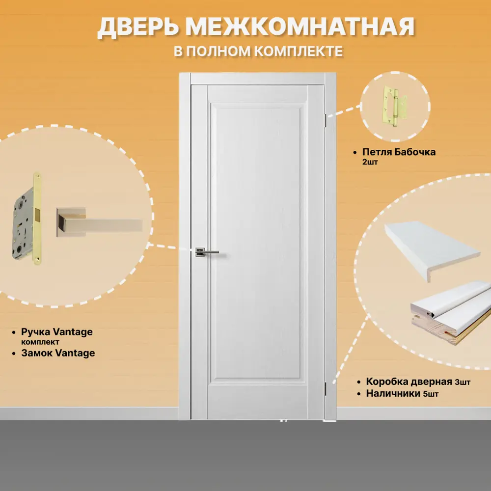 Фото 2 Комплект межкомнатной двери Двери регионов Нова 1 Проходная глухая 200x60см ПВХ цвет ясень белый с коробом и наличниками фурнитура Vantage 87 PB Фото 2 Комплект межкомнатной двери Двери регионов Нова 1 Проходная глухая 200x60см ПВХ цвет ясень белый с коробом и наличниками фурнитура Vantage 87 PB