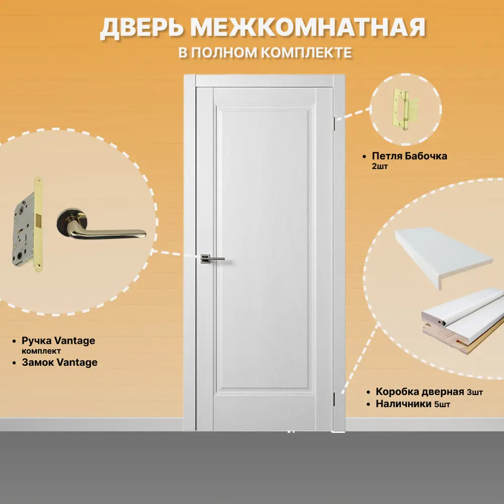 Фото 2 Комплект межкомнатной двери Двери регионов Нова 1 Проходная глухая 200x60см ПВХ цвет ясень белый с коробом и наличниками фурнитура Золото Vantage 34 PB Фото 2 Комплект межкомнатной двери Двери регионов Нова 1 Проходная глухая 200x60см ПВХ цвет ясень белый с коробом и наличниками фурнитура Золото Vantage 34 PB