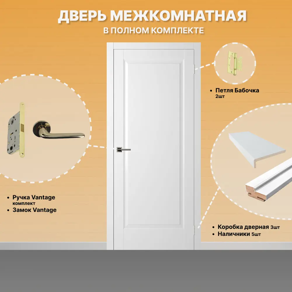 Фото 2 Комплект межкомнатной двери Двери регионов Нова 1 Проходная глухая 200x90см ПВХ цвет аляска с коробом и наличниками фурнитура Золото Vantage 34 PB Фото 2 Комплект межкомнатной двери Двери регионов Нова 1 Проходная глухая 200x90см ПВХ цвет аляска с коробом и наличниками фурнитура Золото Vantage 34 PB