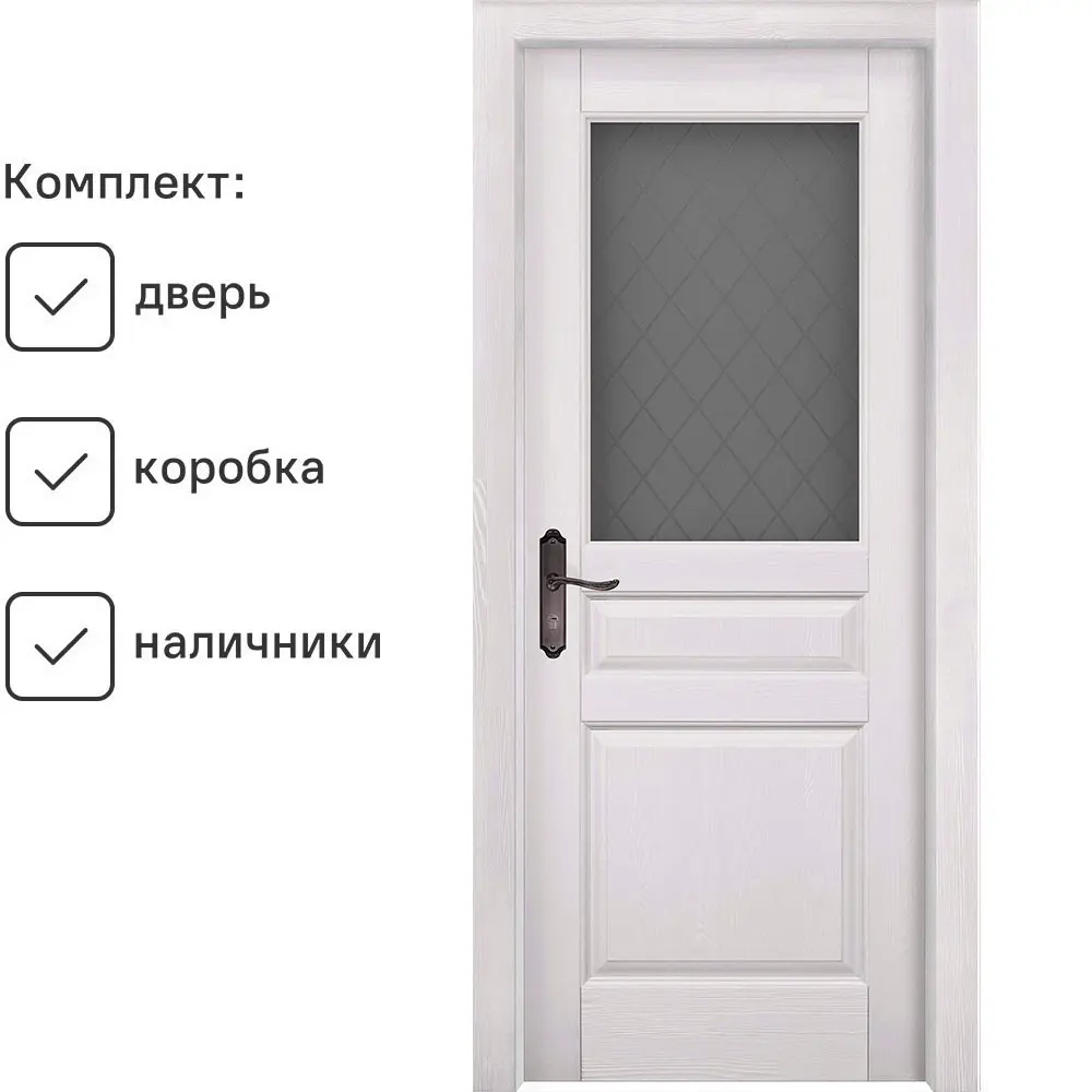 Фото Комплект межкомнатной двери Ока Пандора остеклённая 200x70см цвет айсберг с коробом и наличниками Фото Комплект межкомнатной двери Ока Пандора остеклённая 200x70см цвет айсберг с коробом и наличниками