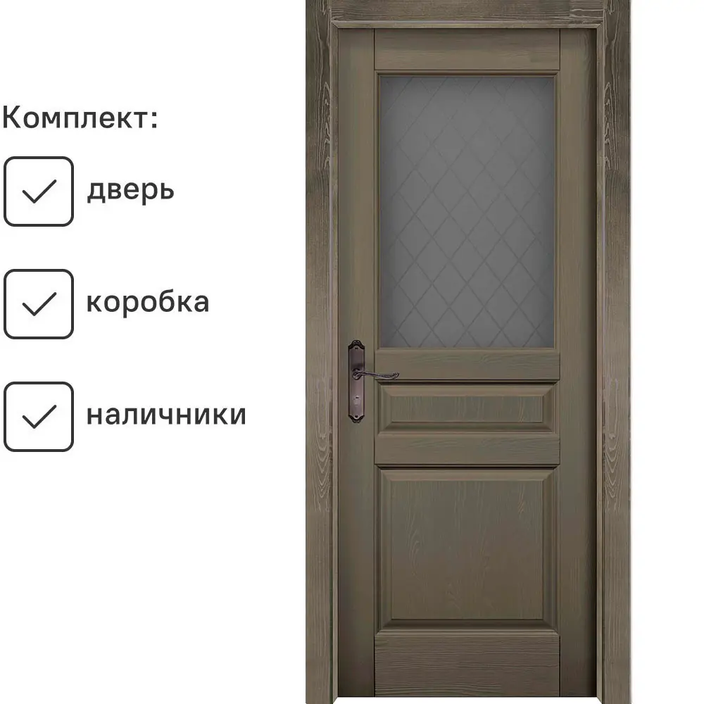 Фото Комплект межкомнатной двери Ока Пандора остеклённая 200x60см цвет олива с коробом и наличниками Фото Комплект межкомнатной двери Ока Пандора остеклённая 200x60см цвет олива с коробом и наличниками