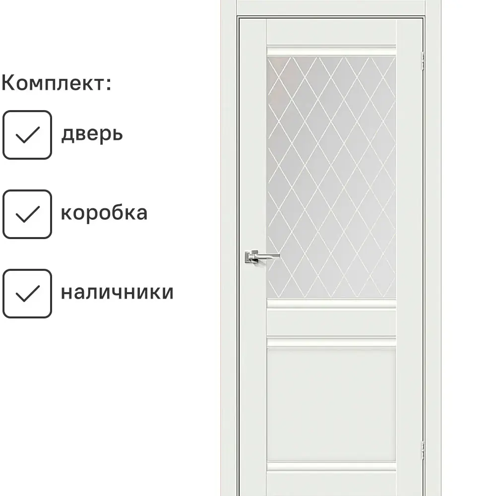 Фото Комплект межкомнатной двери Uberture Парма 1212 остеклённая 200x80см ПВХ цвет аляска суперматовая (белый) с коробом и наличниками Фото Комплект межкомнатной двери Uberture Парма 1212 остеклённая 200x80см ПВХ цвет аляска суперматовая (белый) с коробом и наличниками