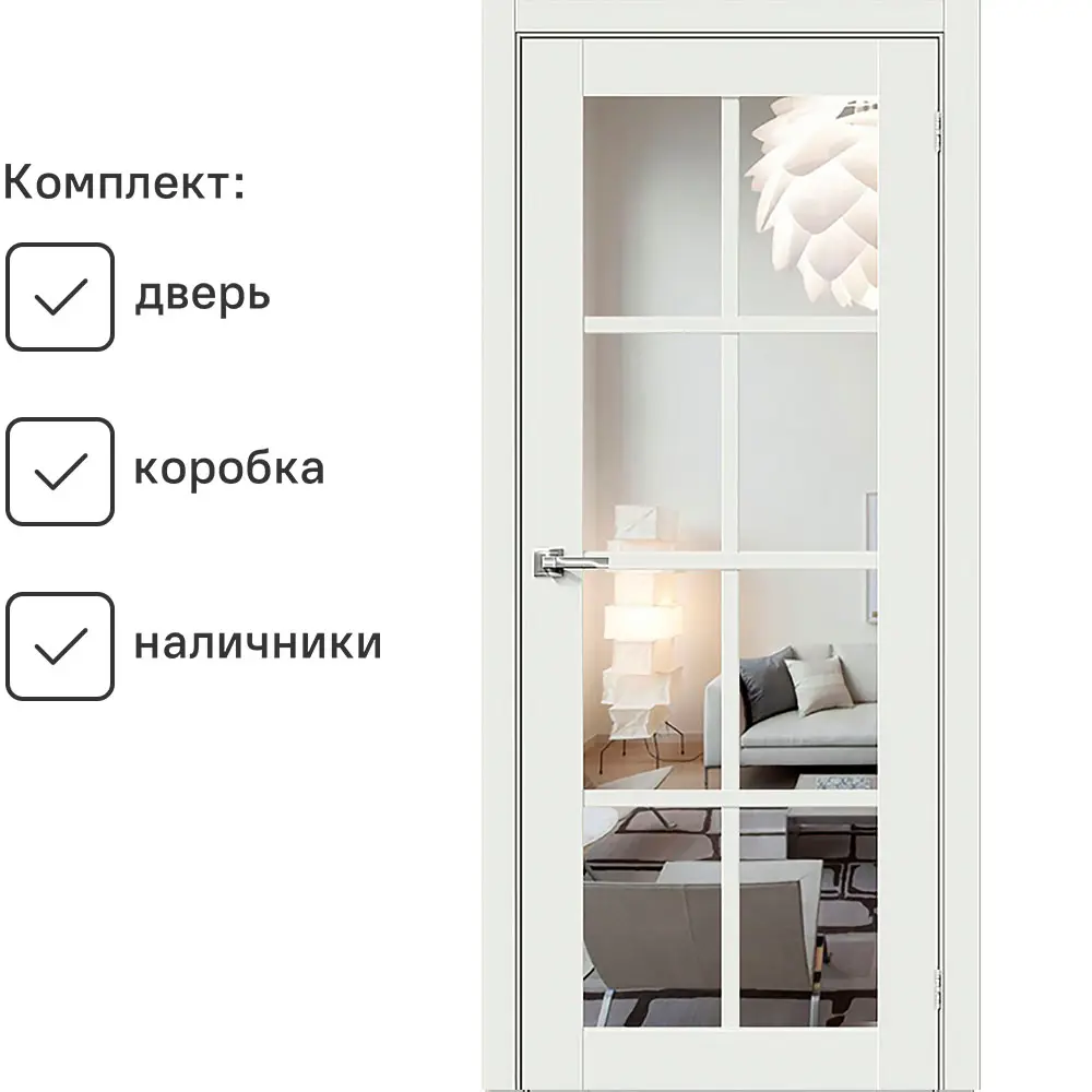 Фото Комплект межкомнатной двери Uberture Парма 1222 остеклённая 200x70см ПВХ цвет аляска суперматовая (белый) с коробом и наличниками Фото Комплект межкомнатной двери Uberture Парма 1222 остеклённая 200x70см ПВХ цвет аляска суперматовая (белый) с коробом и наличниками