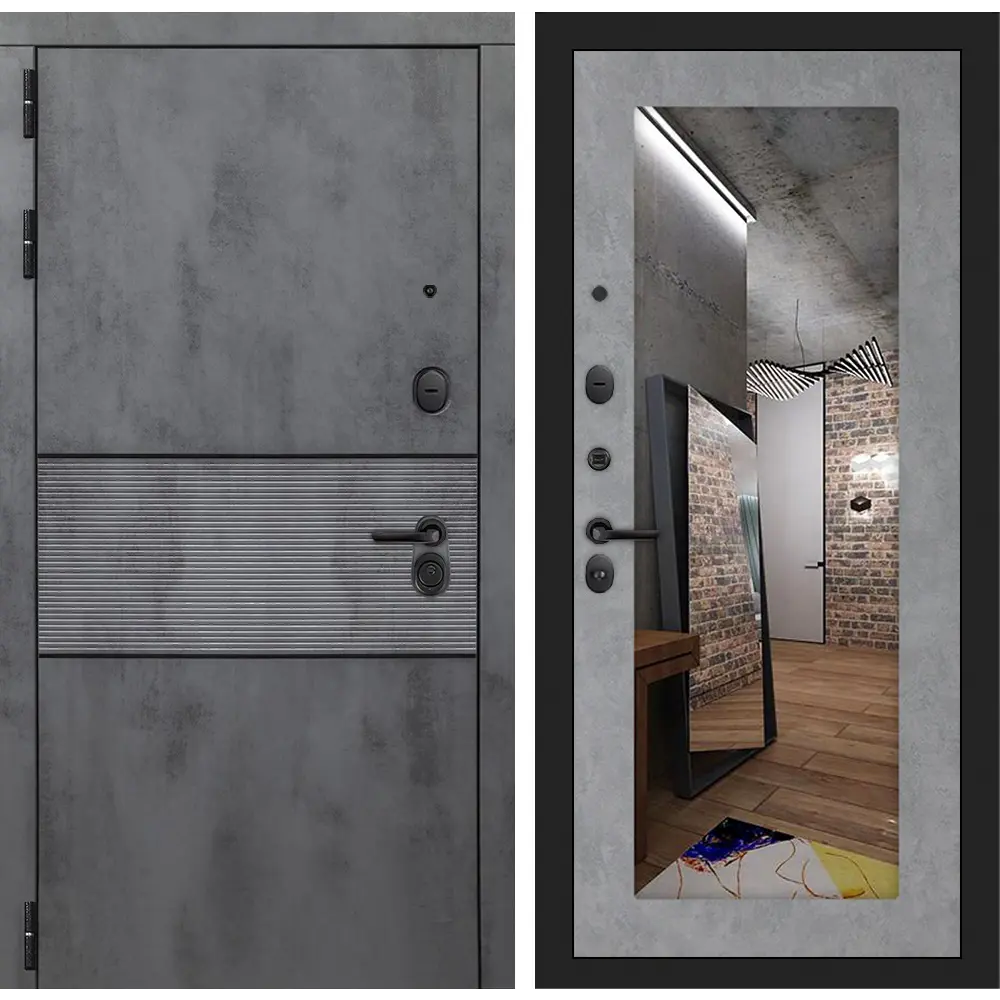 Фото Входная дверь Labirintdoors Инфинити 205x88см левый цвет бетон светлый/бетон темный с зеркалом П18