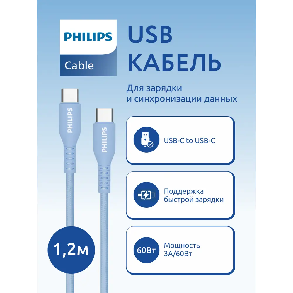 Фото Кабель Philips DLC8701V/74 плетеный 60 Вт 3A USB Type-C - USB Type C 1.2 м голубой