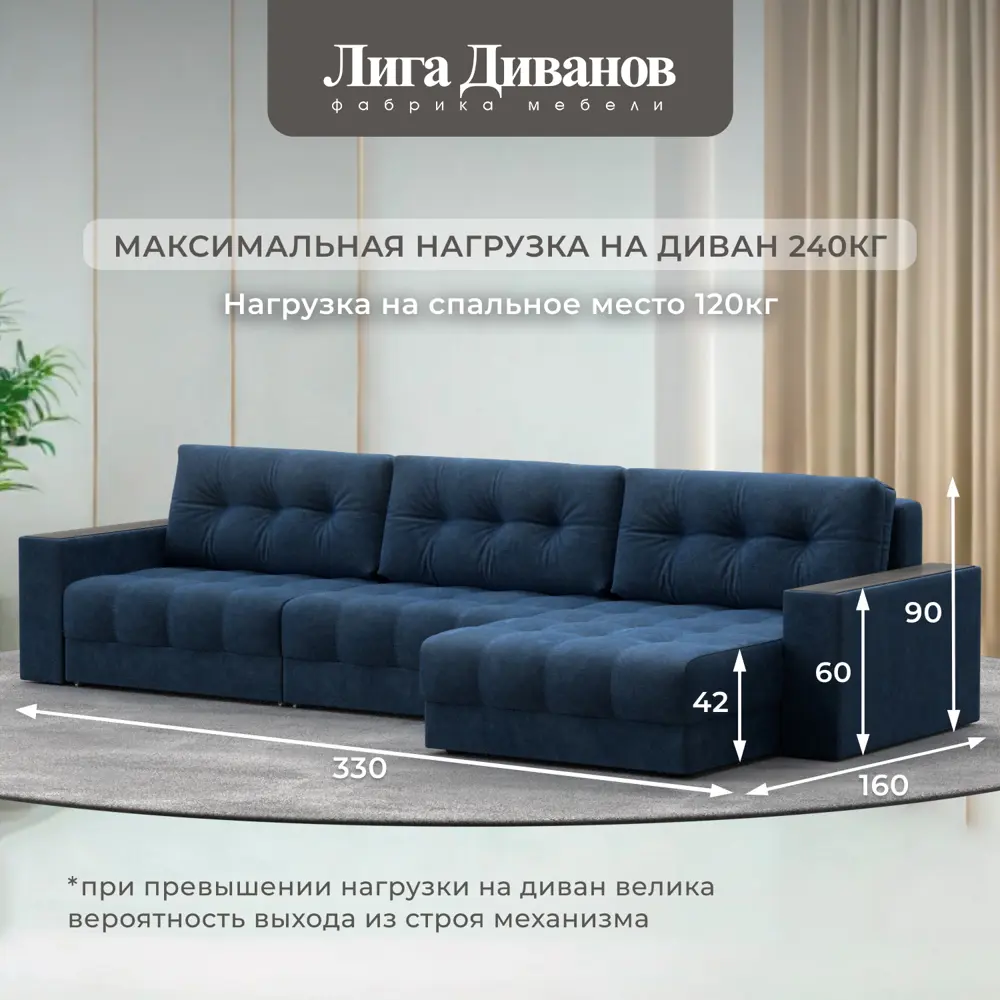 Фото 5 Диван раскладной Лига диванов Диван угловой с декором Лига-049 НПБ Лонг 330x90x158 см велюр цвет brut 11 синий Фото 5 Диван раскладной Лига диванов Диван угловой с декором Лига-049 НПБ Лонг 330x90x158 см велюр цвет brut 11 синий