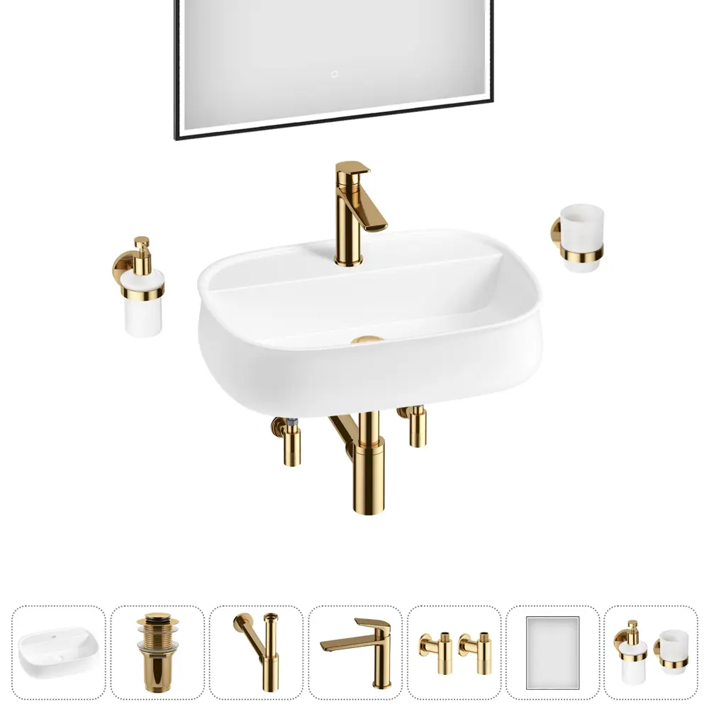 Фото Раковина накладная для ванной Lavinia Boho Bathroom Sink 55x40 20219471R в комплекте: донный клапан, сифон, смеситель, вентили, зеркало цвет золото Фото Раковина накладная для ванной Lavinia Boho Bathroom Sink 55x40 20219471R в комплекте: донный клапан, сифон, смеситель, вентили, зеркало цвет золото