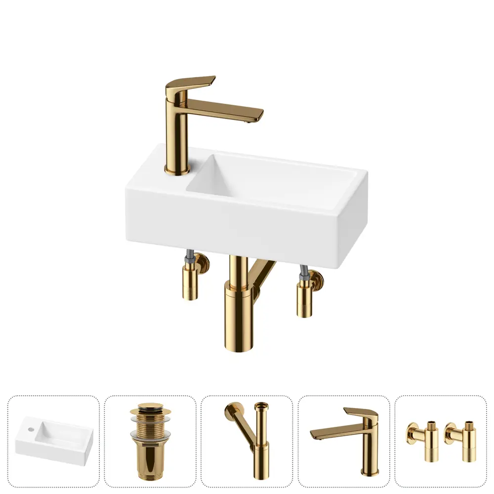 Фото 2 Раковина накладная подвесная Lavinia Boho Bathroom Sink 40x20 20216007R с донным клапаном, сифоном, смесителем и вентилями цвет золото Фото 2 Раковина накладная подвесная Lavinia Boho Bathroom Sink 40x20 20216007R с донным клапаном, сифоном, смесителем и вентилями цвет золото