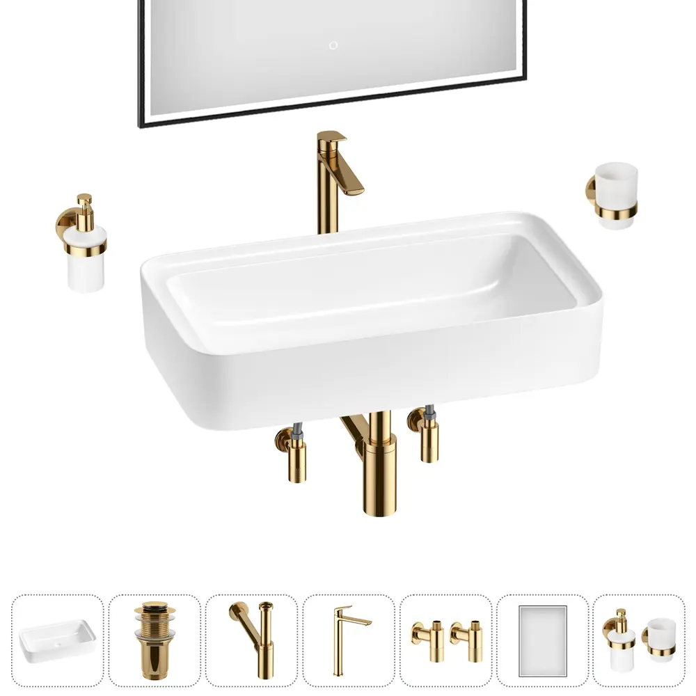 Фото 10 Раковина накладная для ванной Lavinia Boho Bathroom Sink 75x40 20219383R в комплекте: донный клапан, сифон, смеситель, вентили, зеркало цвет золото Фото 10 Раковина накладная для ванной Lavinia Boho Bathroom Sink 75x40 20219383R в комплекте: донный клапан, сифон, смеситель, вентили, зеркало цвет золото