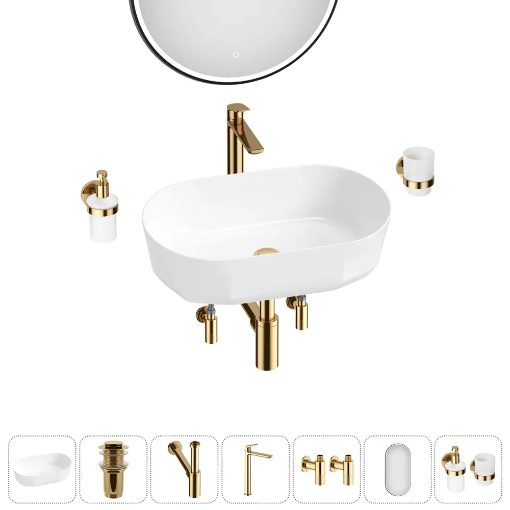 Фото 8 Раковина накладная для ванной Lavinia Boho Bathroom Sink 55x32 20219495R в комплекте: донный клапан, сифон, смеситель, вентили, зеркало цвет золото Фото 8 Раковина накладная для ванной Lavinia Boho Bathroom Sink 55x32 20219495R в комплекте: донный клапан, сифон, смеситель, вентили, зеркало цвет золото