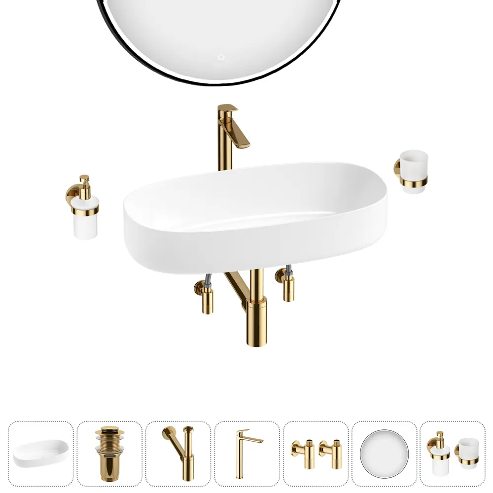 Фото 6 Раковина накладная для ванной Lavinia Boho Bathroom Sink 68x36 20219511R в комплекте: донный клапан, сифон, смеситель, вентили, зеркало цвет золото Фото 6 Раковина накладная для ванной Lavinia Boho Bathroom Sink 68x36 20219511R в комплекте: донный клапан, сифон, смеситель, вентили, зеркало цвет золото
