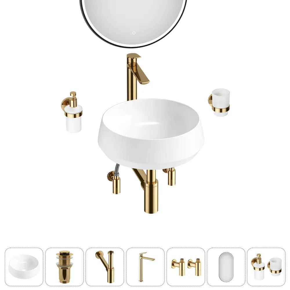 Фото Раковина накладная для ванной Lavinia Boho Bathroom Sink 38x38 20219415R в комплекте: донный клапан, сифон, смеситель, вентили, зеркало цвет золото Фото Раковина накладная для ванной Lavinia Boho Bathroom Sink 38x38 20219415R в комплекте: донный клапан, сифон, смеситель, вентили, зеркало цвет золото