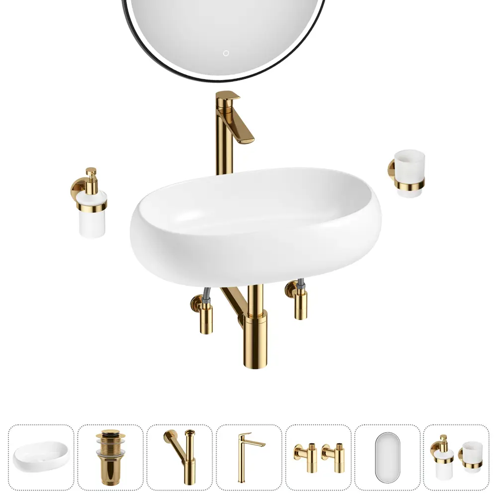 Фото 12 Раковина накладная для ванной Lavinia Boho Bathroom Sink 56x33 20219263R в комплекте: донный клапан, сифон, смеситель, вентили, зеркало цвет золото Фото 12 Раковина накладная для ванной Lavinia Boho Bathroom Sink 56x33 20219263R в комплекте: донный клапан, сифон, смеситель, вентили, зеркало цвет золото