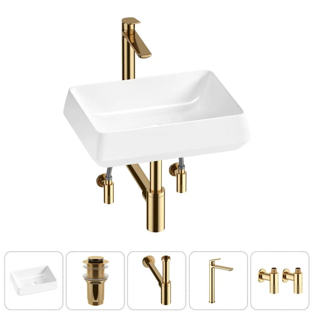 Фото 2 Раковина накладная для ванной Lavinia Boho Bathroom Sink 50x38 20215442R с донным клапаном, сифоном, смесителем и вентилями цвет золото
