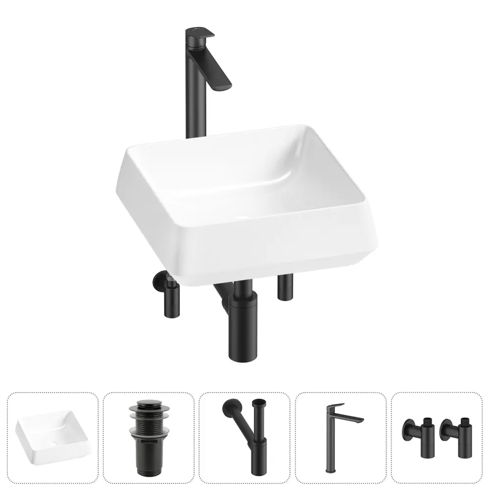 Фото 10 Раковина накладная для ванной Lavinia Boho Bathroom Sink 38x38 20215425R с донным клапаном, сифоном, смесителем и вентилями цвет матовый черный Фото 10 Раковина накладная для ванной Lavinia Boho Bathroom Sink 38x38 20215425R с донным клапаном, сифоном, смесителем и вентилями цвет матовый черный