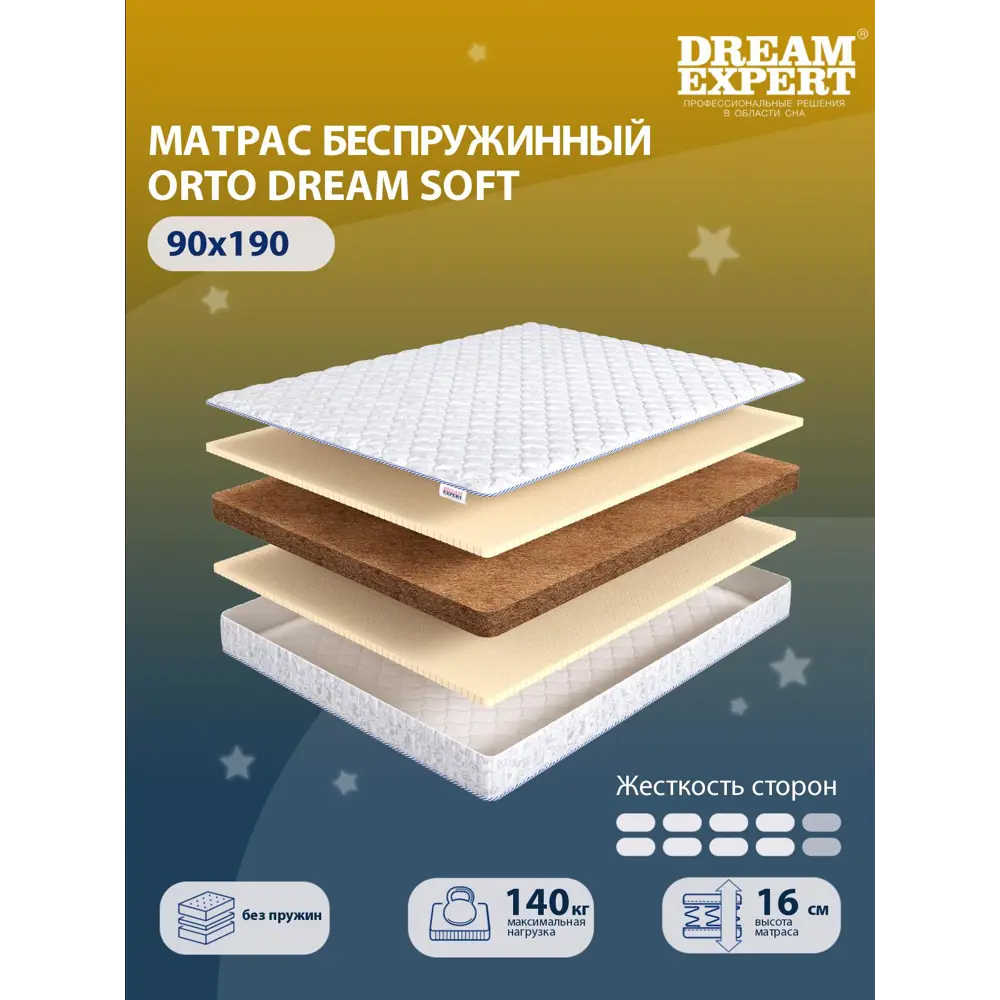 Фото Матрас Dreamexpert Orto Dream Soft DEXDE7634012 90x190x16 см беспружинный 1-спальный Фото Матрас Dreamexpert Orto Dream Soft DEXDE7634012 90x190x16 см беспружинный 1-спальный