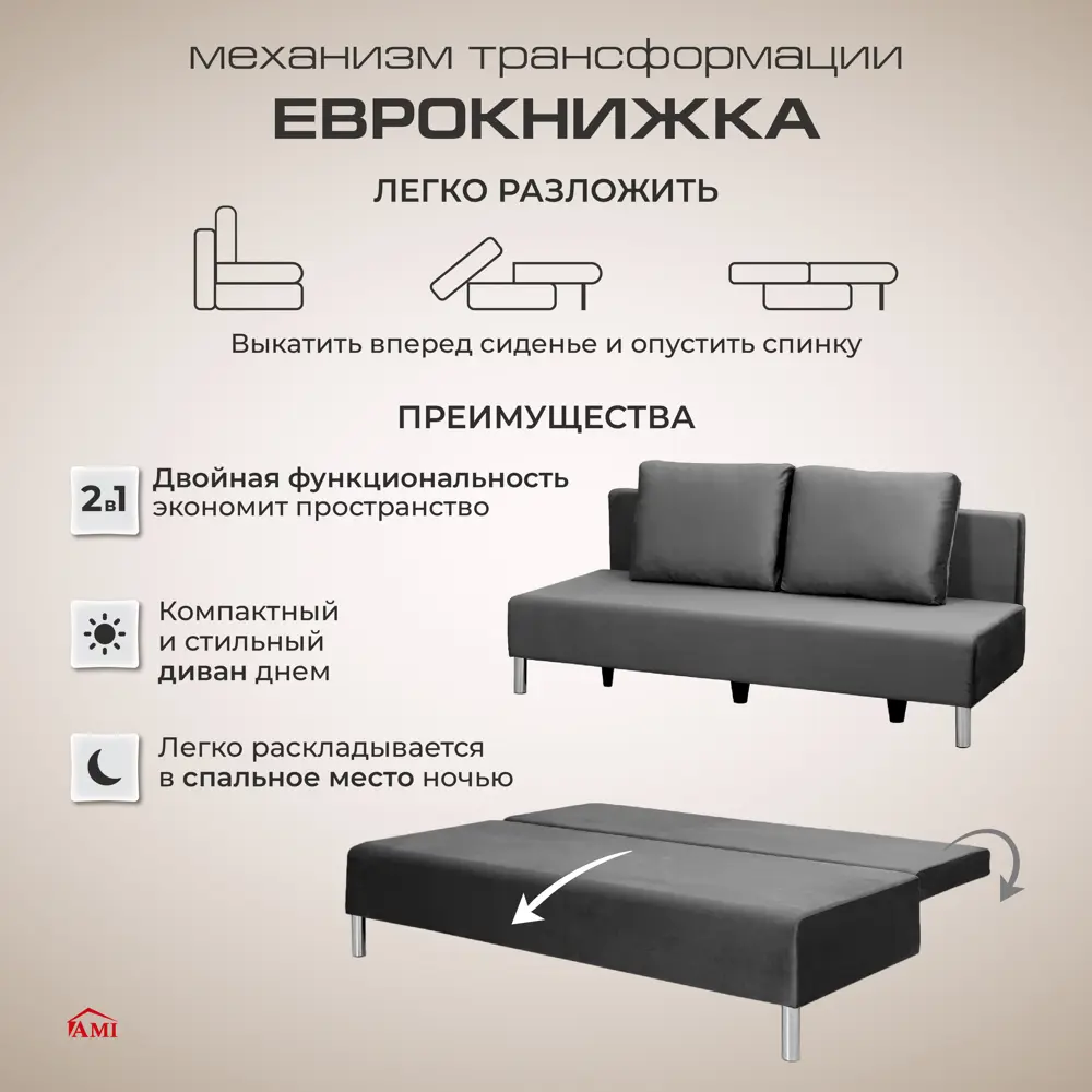 Фото 4 Диван раскладной Ami 186x90x83 см вельвет цвет темно-серый Фото 4 Диван раскладной Ami 186x90x83 см вельвет цвет темно-серый
