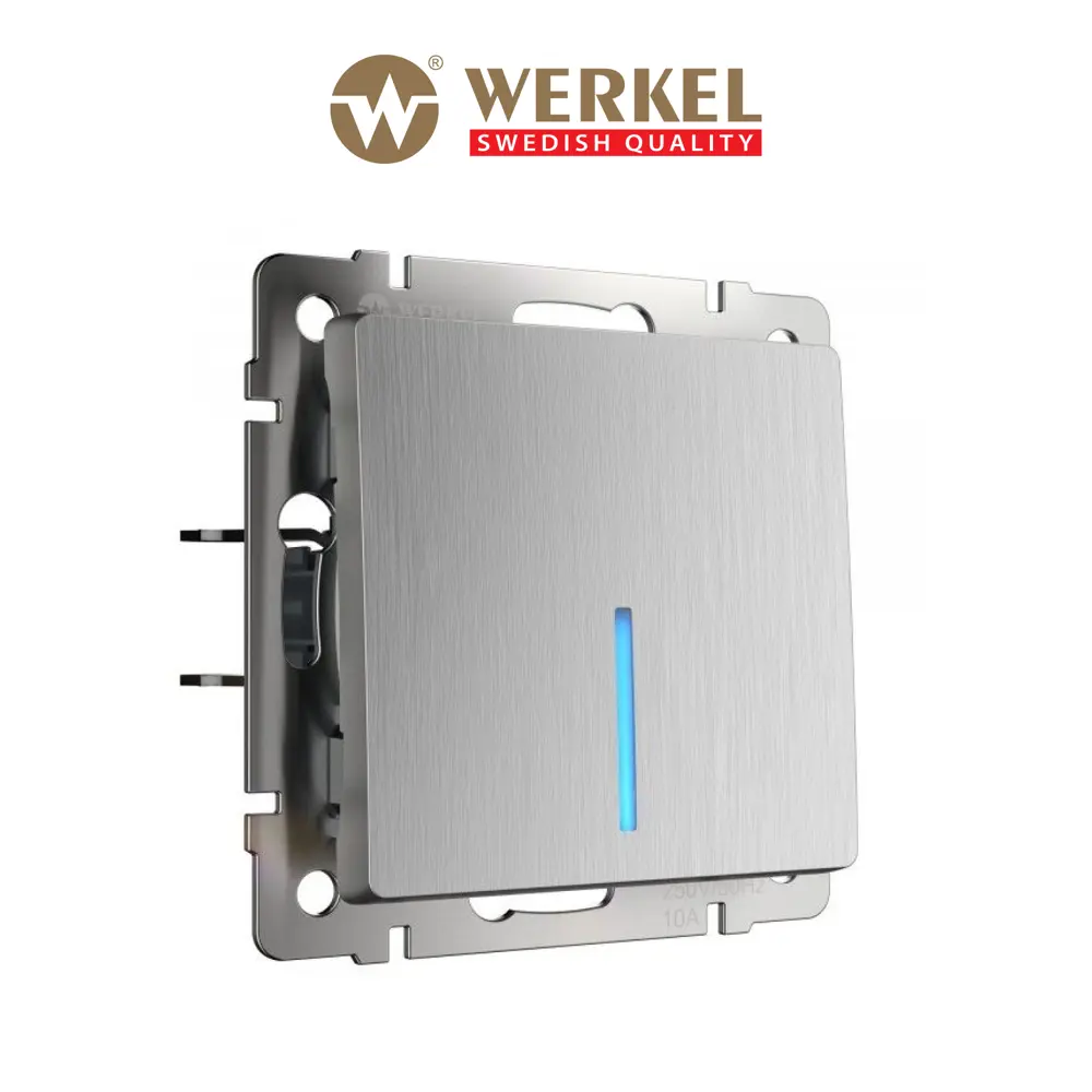 Фото Выключатель Werkel W1112109 одноклавишный проходной с подсветкой цвет серебряный рифленый Фото Выключатель Werkel W1112109 одноклавишный проходной с подсветкой цвет серебряный рифленый