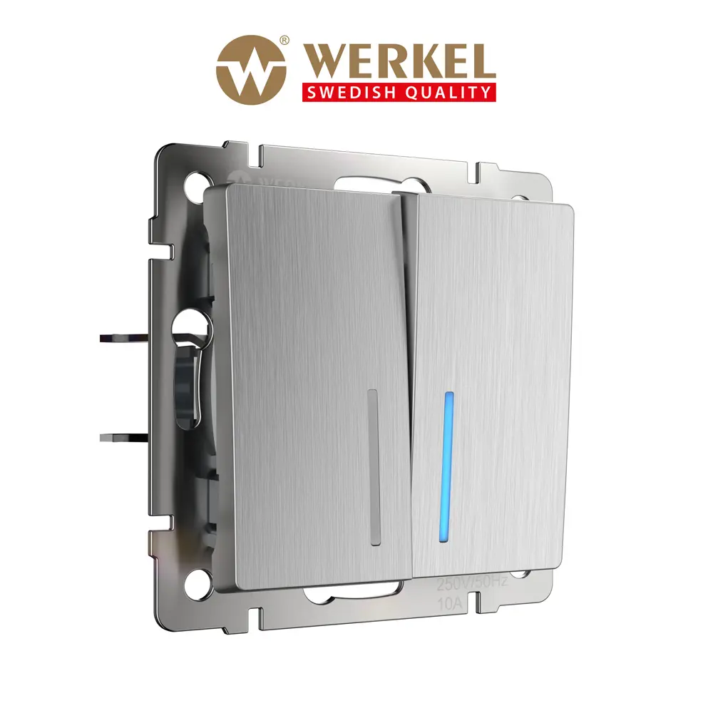 Фото Выключатель Werkel W1122109 двухклавишный проходной с подсветкой цвет серебряный рифленый Фото Выключатель Werkel W1122109 двухклавишный проходной с подсветкой цвет серебряный рифленый