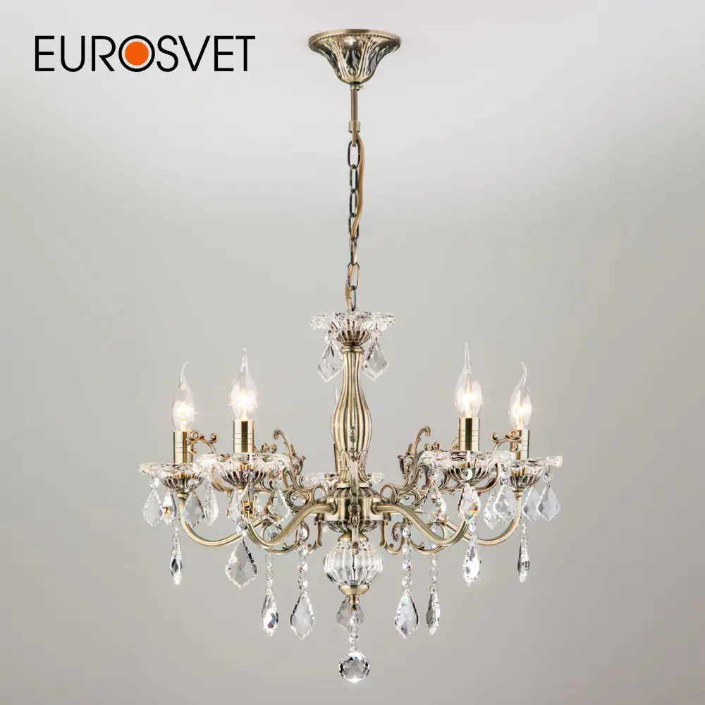 Фото Люстра с хрусталем EUROSVET 3281/5 античная бронза Фото Люстра с хрусталем EUROSVET 3281/5 античная бронза