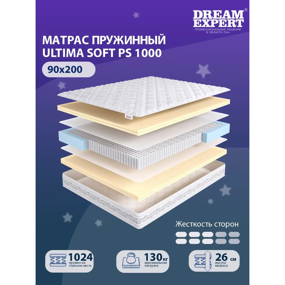 Фото 2 Матрас независимый пружинный блок Dreamexpert Ultima Soft PS 1000 DEXDE7649162, 90x200x26 см Фото 2 Матрас независимый пружинный блок Dreamexpert Ultima Soft PS 1000 DEXDE7649162, 90x200x26 см