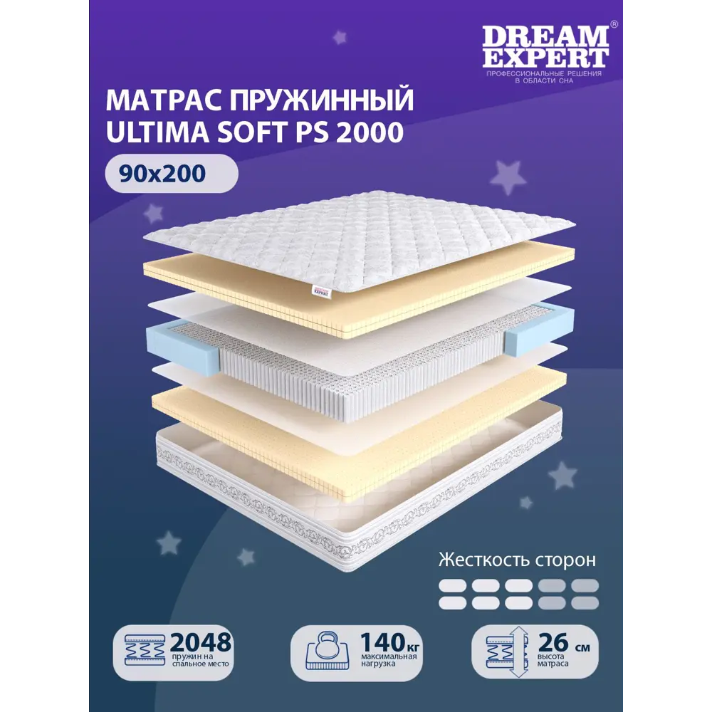 Фото Матрас независимый пружинный блок Dreamexpert Ultima Soft PS 2000 DEXDE7649635, 90x200x26 см Фото Матрас независимый пружинный блок Dreamexpert Ultima Soft PS 2000 DEXDE7649635, 90x200x26 см