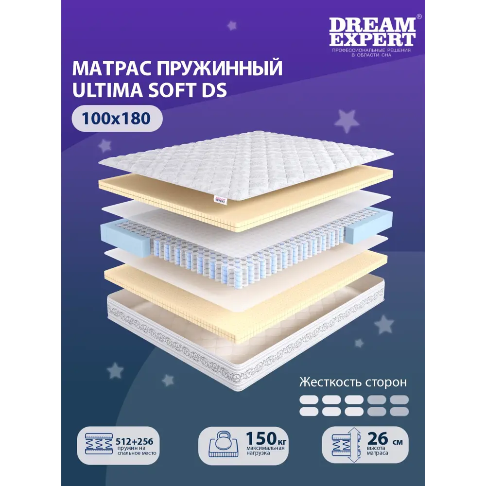 Фото Матрас независимый пружинный блок Dreamexpert Ultima Soft DS DEXDE7650431, 100x180x26 см Фото Матрас независимый пружинный блок Dreamexpert Ultima Soft DS DEXDE7650431, 100x180x26 см