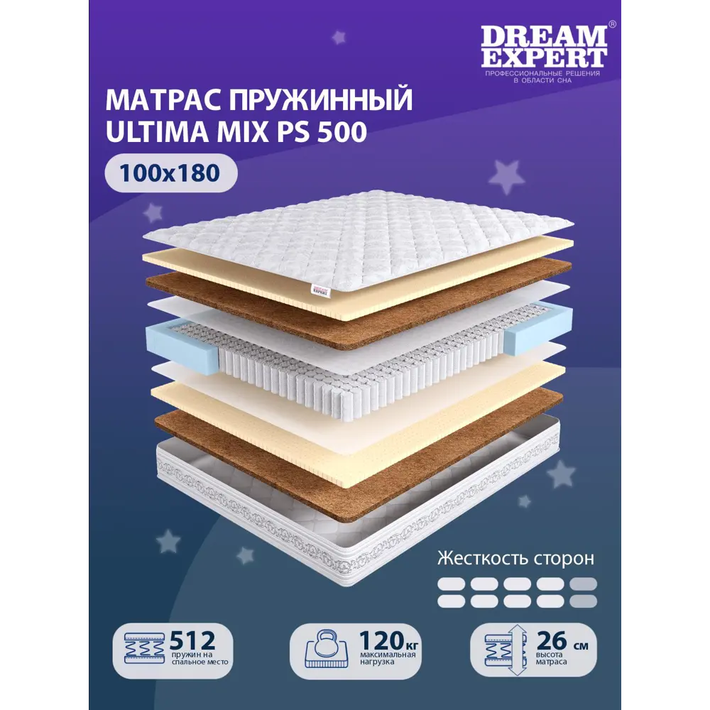 Фото Матрас независимый пружинный блок Dreamexpert Ultima MIX PS 500 DEXDE7650904, 100x180x26 см Фото Матрас независимый пружинный блок Dreamexpert Ultima MIX PS 500 DEXDE7650904, 100x180x26 см