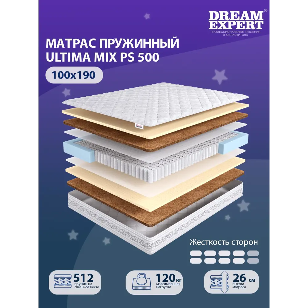 Фото Матрас независимый пружинный блок Dreamexpert Ultima MIX PS 500 DEXDE7650907, 100x190x26 см Фото Матрас независимый пружинный блок Dreamexpert Ultima MIX PS 500 DEXDE7650907, 100x190x26 см
