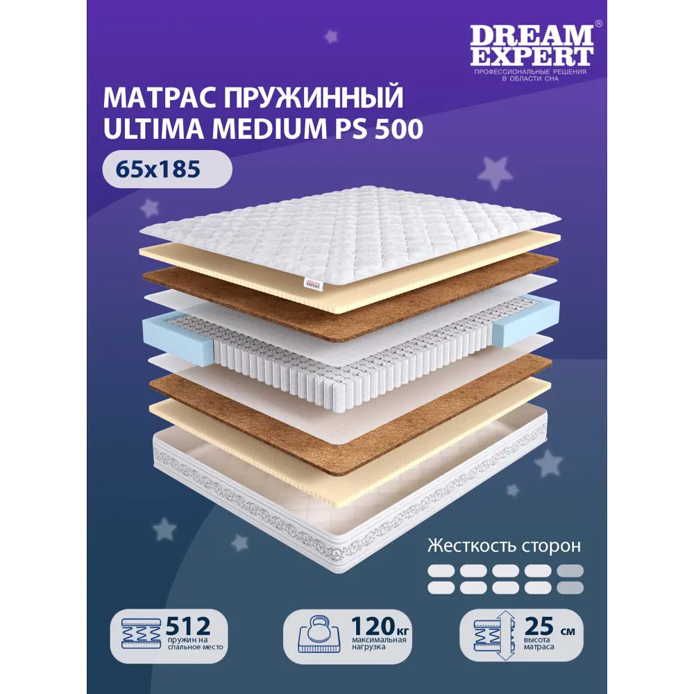 Фото 2 Матрас независимый пружинный блок Dreamexpert Ultima Medium PS 500 DEXDE7652440, 65x185x25 см Фото 2 Матрас независимый пружинный блок Dreamexpert Ultima Medium PS 500 DEXDE7652440, 65x185x25 см