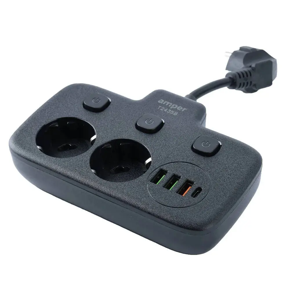 Фото 3 Удлинитель бытовой Amper T2435B 3x0.75 0.2 м 2 розетки с заземлением 2500 Вт 3 USB Type-C цвет черный Фото 3 Удлинитель бытовой Amper T2435B 3x0.75 0.2 м 2 розетки с заземлением 2500 Вт 3 USB Type-C цвет черный