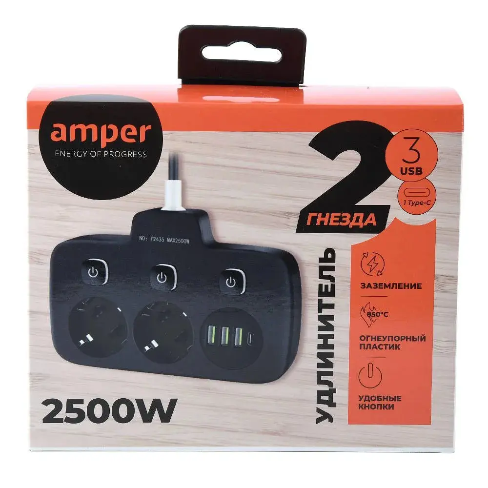 Фото Удлинитель бытовой Amper T2435B 3x0.75 0.2 м 2 розетки с заземлением 2500 Вт 3 USB Type-C цвет черный Фото Удлинитель бытовой Amper T2435B 3x0.75 0.2 м 2 розетки с заземлением 2500 Вт 3 USB Type-C цвет черный