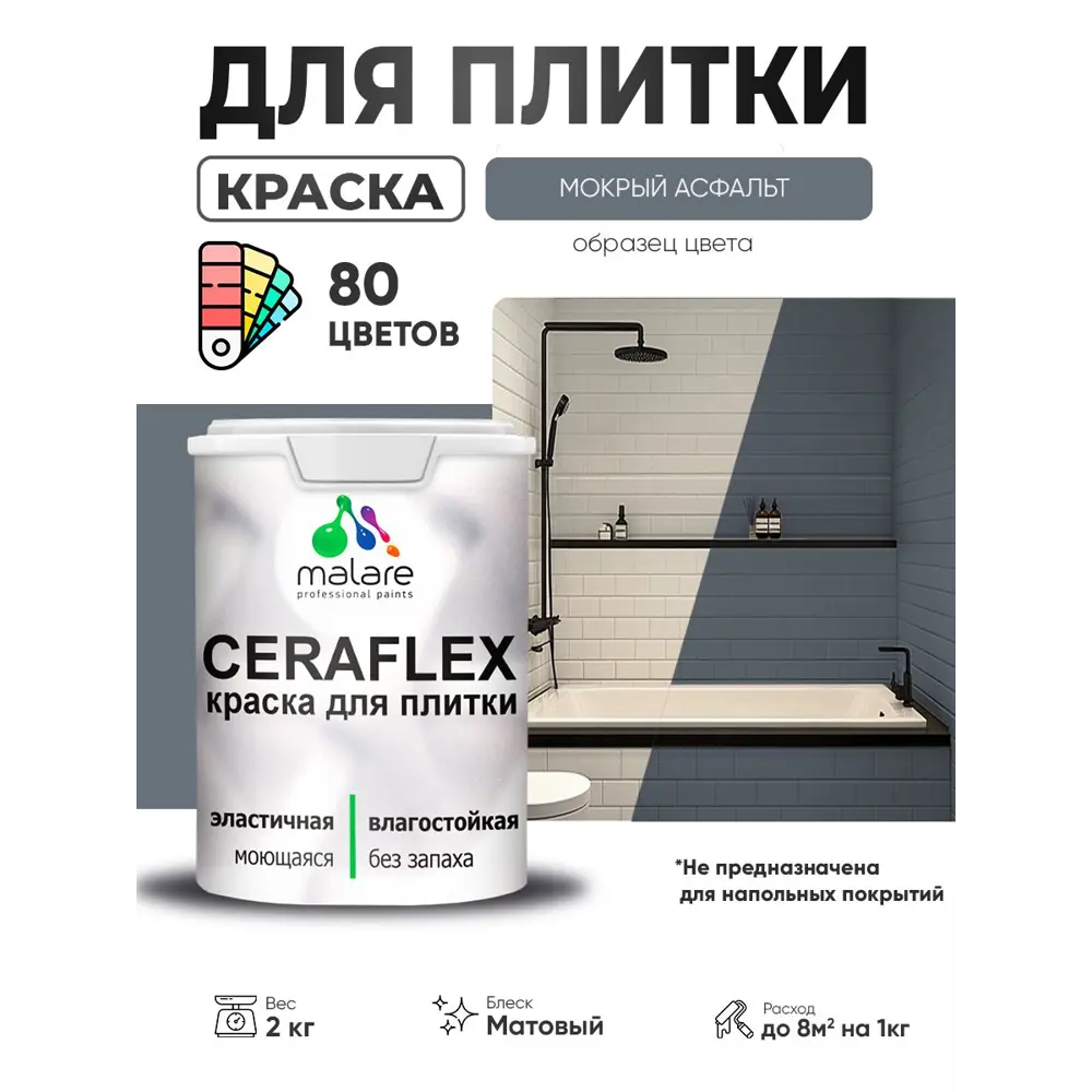 Фото Краска для плитки в кухне и ванной моющаяся Malare Ceraflex Latex матовая цвет мокрый асфальт 2 кг
