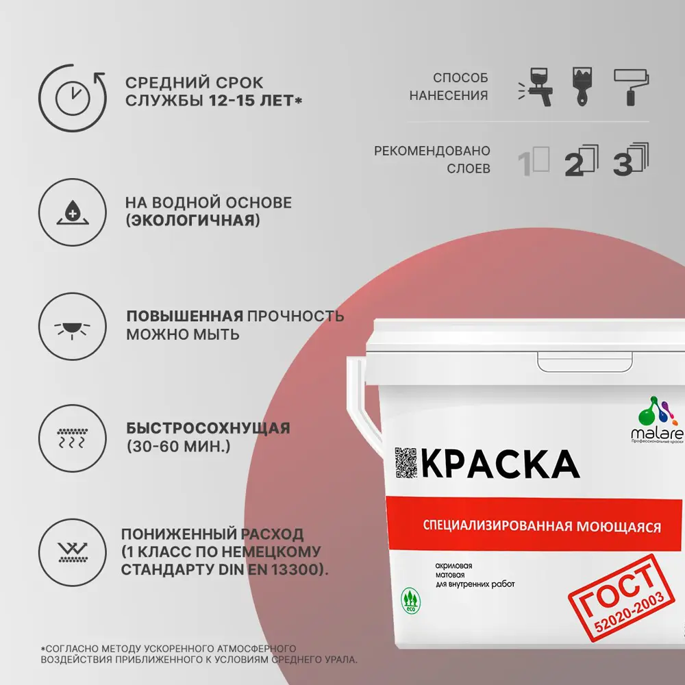 Фото 2 Краска для стен и потолка моющаяся Malare гмоющ_133 Professional быстросохнущая матовая цвет винный бордо 1 л