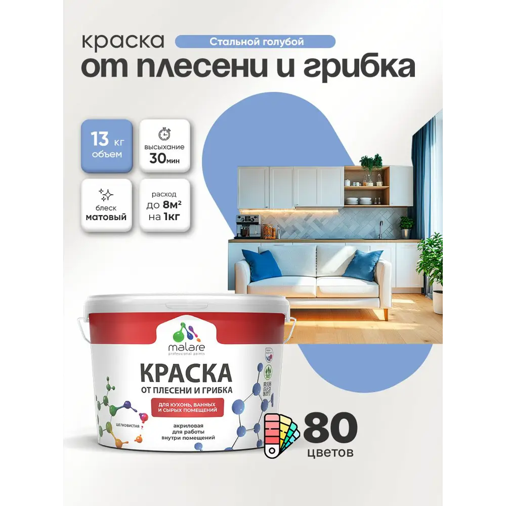 Фото Краска для сырых помещений Malare Professional от плесени без запаха матовая цвет стальной голубой 9 л Фото Краска для сырых помещений Malare Professional от плесени без запаха матовая цвет стальной голубой 9 л