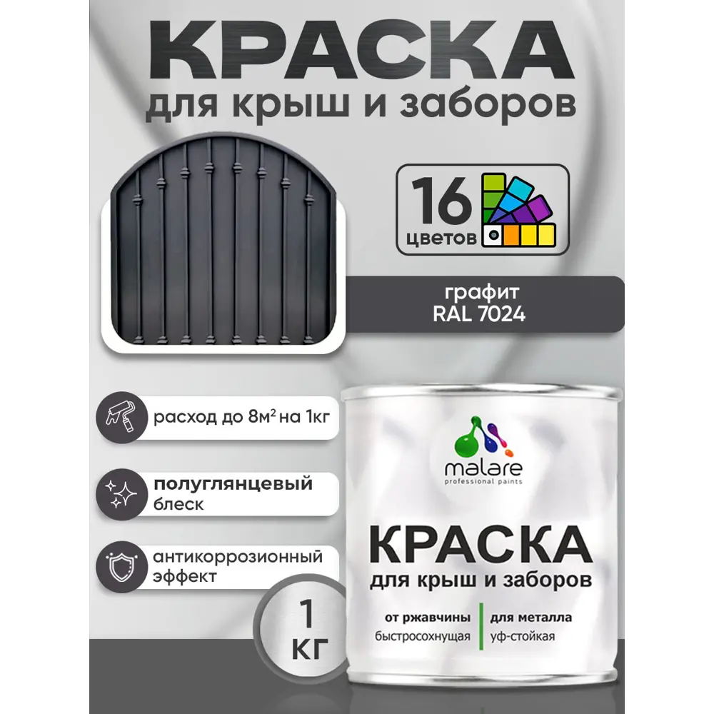 Фото 3 Краска по ржавчине для крыш и заборов Malare FastCorr быстросохнущая износостойкая глянцевая цвет графитово-серый(темный) 1 кг Фото 3 Краска по ржавчине для крыш и заборов Malare FastCorr быстросохнущая износостойкая глянцевая цвет графитово-серый(темный) 1 кг