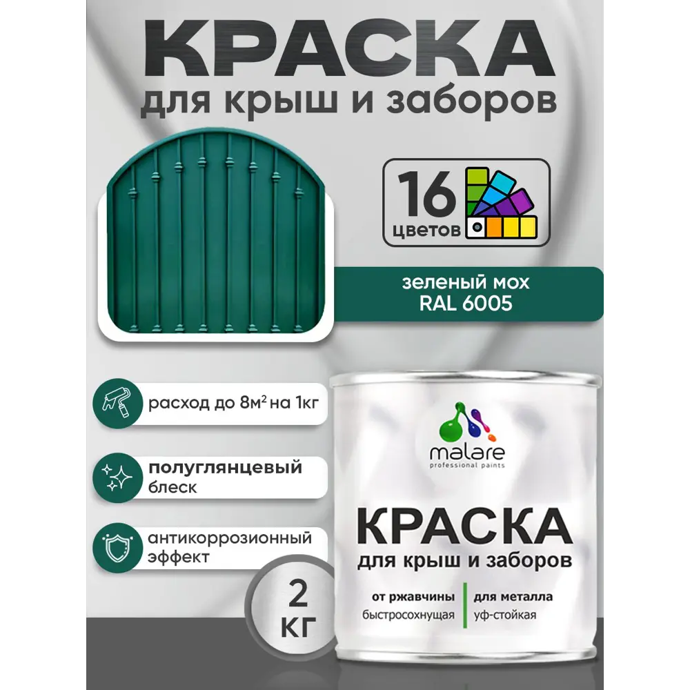 Фото 2 Краска по ржавчине для крыш и заборов Malare FastCorr быстросохнущая износостойкая глянцевая цвет зеленый мох 2 кг Фото 2 Краска по ржавчине для крыш и заборов Malare FastCorr быстросохнущая износостойкая глянцевая цвет зеленый мох 2 кг