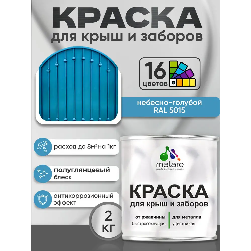 Фото Краска по ржавчине для крыш и заборов Malare FastCorr быстросохнущая износостойкая глянцевая цвет небесно-голубой 2 кг Фото Краска по ржавчине для крыш и заборов Malare FastCorr быстросохнущая износостойкая глянцевая цвет небесно-голубой 2 кг