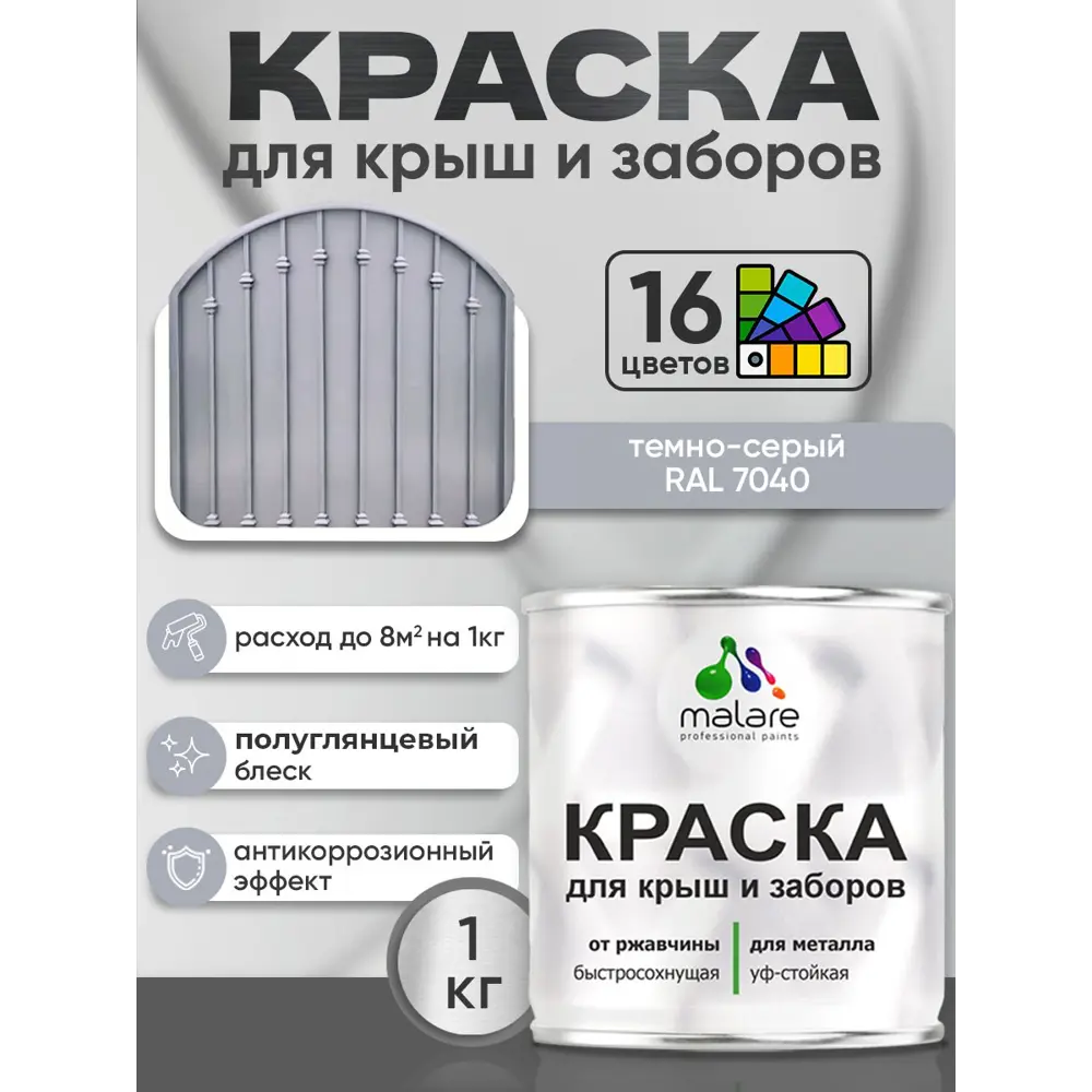 Фото Краска по ржавчине для крыш и заборов Malare FastCorr быстросохнущая износостойкая глянцевая цвет темно-серый 1 кг Фото Краска по ржавчине для крыш и заборов Malare FastCorr быстросохнущая износостойкая глянцевая цвет темно-серый 1 кг