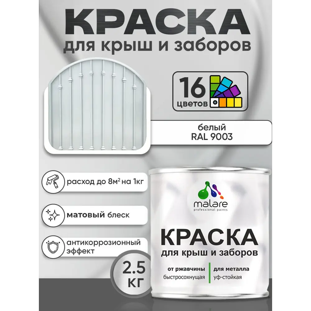 Фото 2 Краска по ржавчине для крыш и заборов Malare FastCorr быстросохнущая износостойкая матовая цвет белый 2.5 кг Фото 2 Краска по ржавчине для крыш и заборов Malare FastCorr быстросохнущая износостойкая матовая цвет белый 2.5 кг