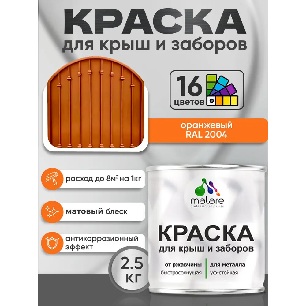 Фото 2 Краска по ржавчине для крыш и заборов Malare FastCorr быстросохнущая износостойкая матовая цвет оранжевый 2.5 кг Фото 2 Краска по ржавчине для крыш и заборов Malare FastCorr быстросохнущая износостойкая матовая цвет оранжевый 2.5 кг