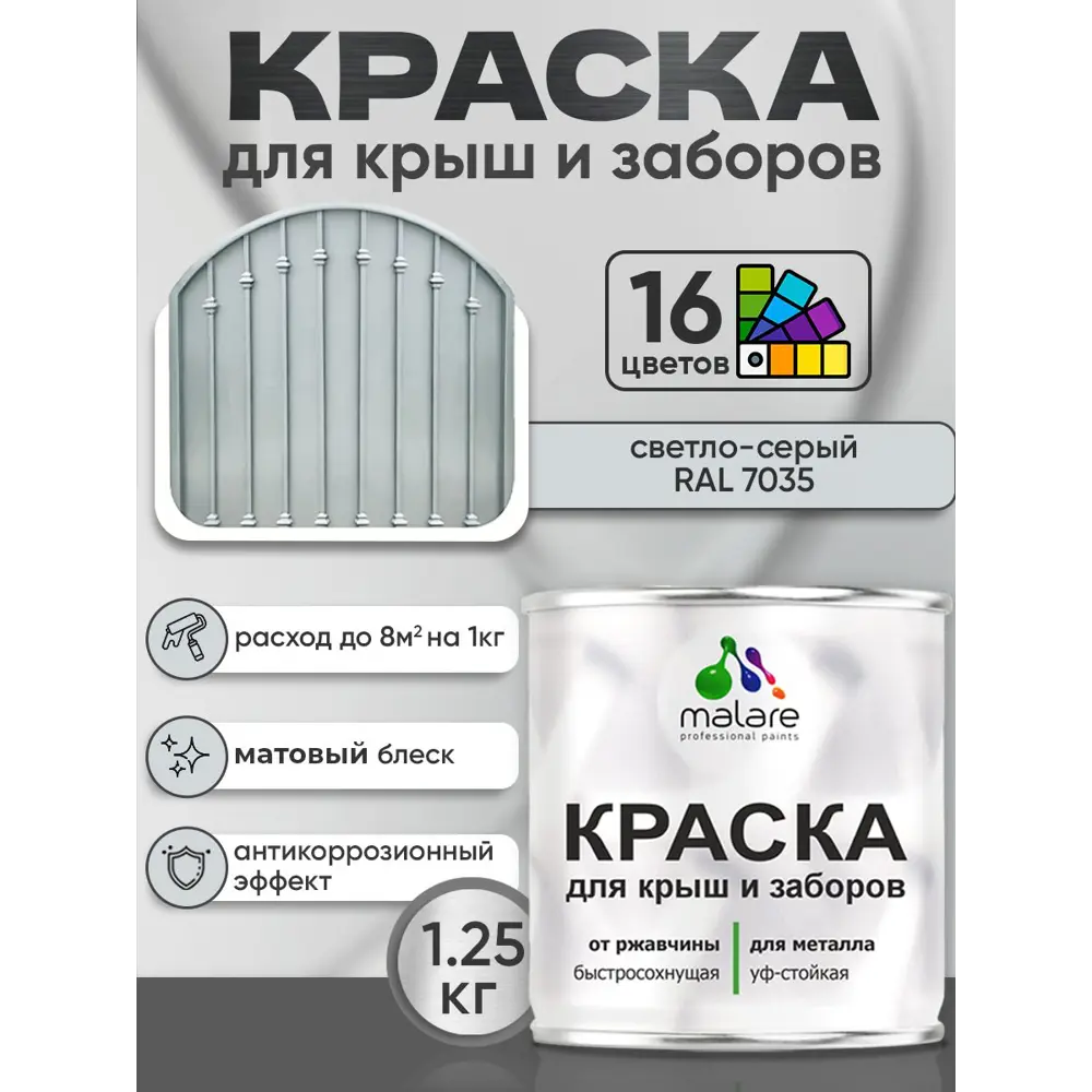 Фото 3 Краска по ржавчине для крыш и заборов Malare FastCorr быстросохнущая износостойкая матовая цвет светло-серый 1.25 кг Фото 3 Краска по ржавчине для крыш и заборов Malare FastCorr быстросохнущая износостойкая матовая цвет светло-серый 1.25 кг