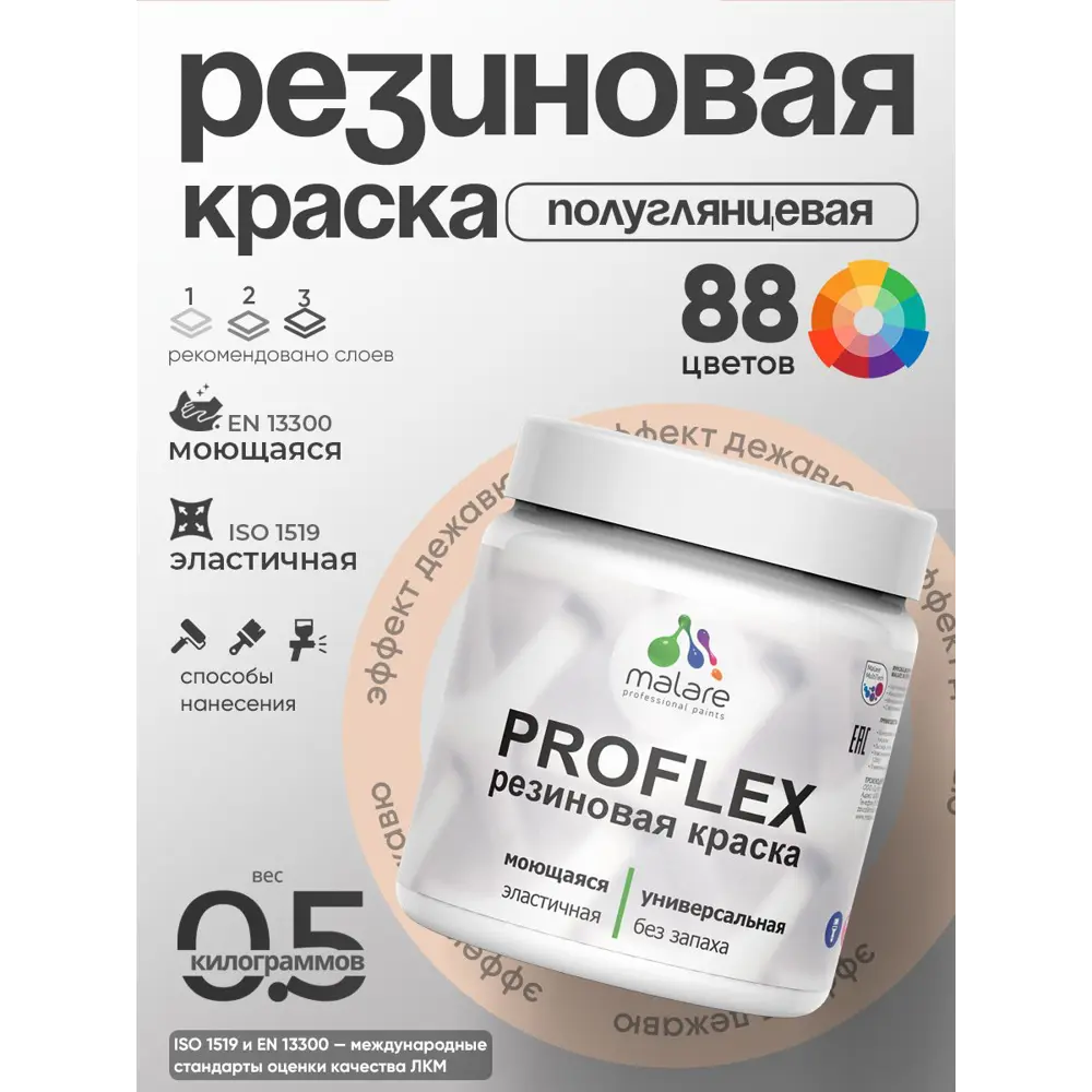 Фото 4 Краска резиновая универсальная Malare ProfleX Latex быстросохнущая полуглянцевая цвет черничные ночи 0.5 кг