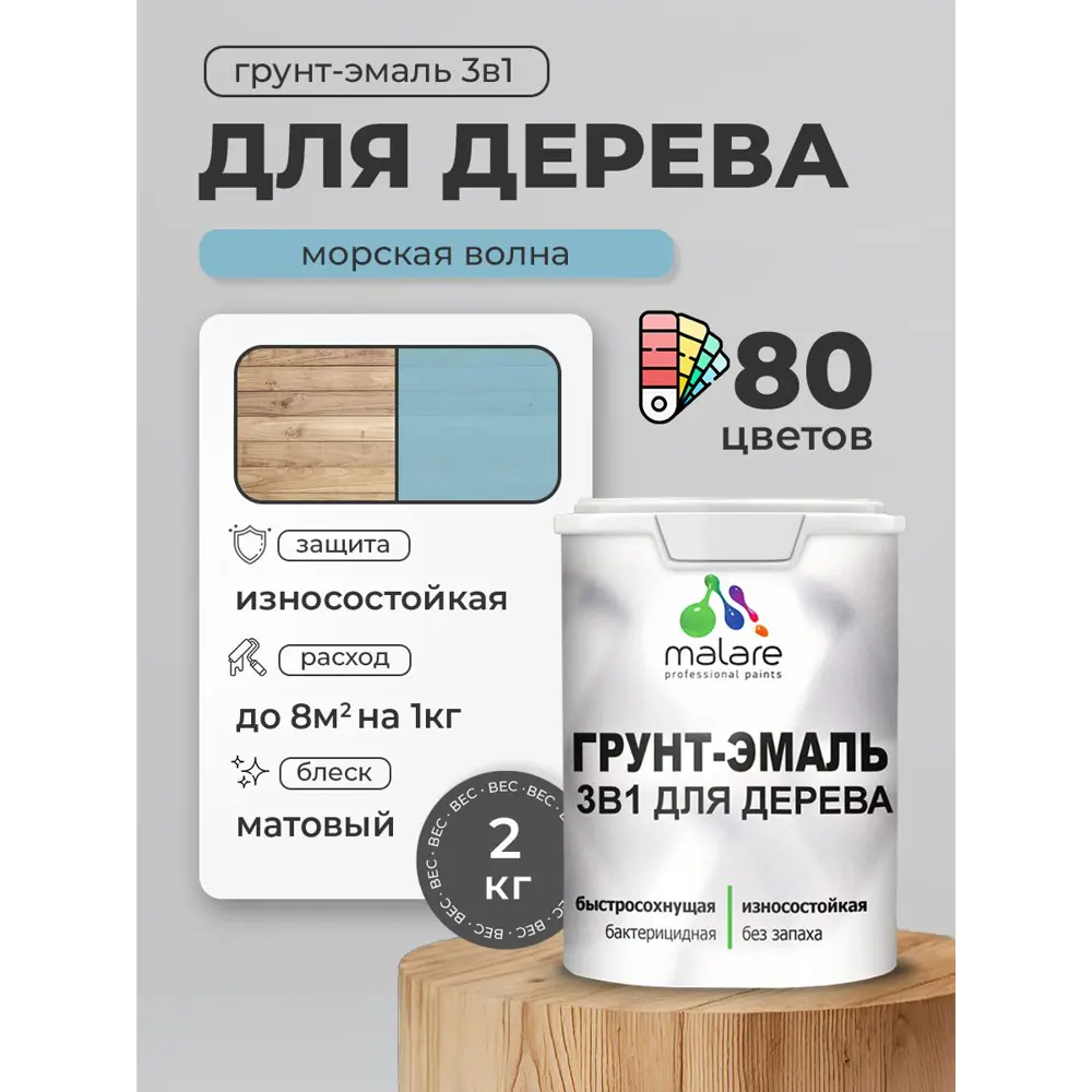 Фото 2 Грунт-эмаль 3 в 1 для деревянных поверхностей Malare Wood антисептическая быстросохнущая матовая цвет морская волна 2 кг Фото 2 Грунт-эмаль 3 в 1 для деревянных поверхностей Malare Wood антисептическая быстросохнущая матовая цвет морская волна 2 кг
