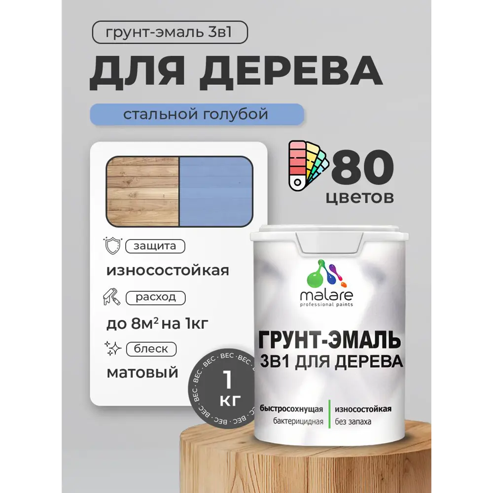 Фото 4 Грунт-эмаль 3 в 1 для деревянных поверхностей Malare Wood антисептическая быстросохнущая матовая цвет стальной голубой 1 кг Фото 4 Грунт-эмаль 3 в 1 для деревянных поверхностей Malare Wood антисептическая быстросохнущая матовая цвет стальной голубой 1 кг
