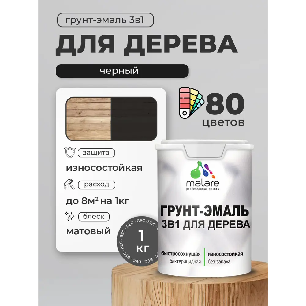 Фото 4 Грунт-эмаль 3 в 1 для деревянных поверхностей Malare Wood антисептическая быстросохнущая матовая цвет черный 1 кг
