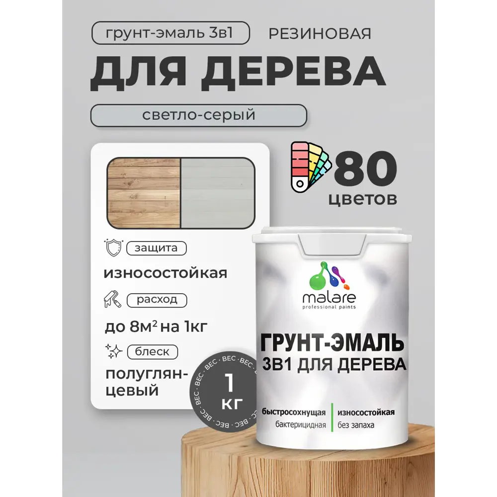 Фото Грунт-эмаль 3 в 1 для деревянных поверхностей Malare Wood ГЭд_646 антисептическая быстросохнущая полуглянцевая цвет светло-серый 1 кг Фото Грунт-эмаль 3 в 1 для деревянных поверхностей Malare Wood ГЭд_646 антисептическая быстросохнущая полуглянцевая цвет светло-серый 1 кг