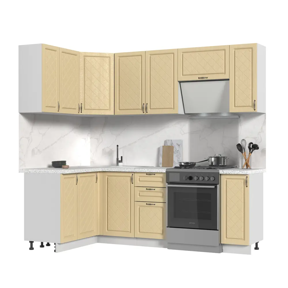 Фото Кухонный гарнитур со столешницей 3.8 см Стендмебель Модена 170x217x60 см ЛДСП цвет дуб ваниль Фото Кухонный гарнитур со столешницей 3.8 см Стендмебель Модена 170x217x60 см ЛДСП цвет дуб ваниль